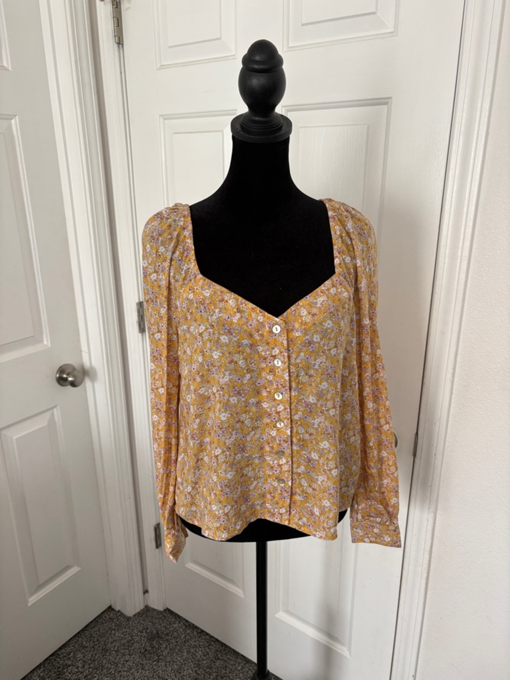 love, Fire Mustard Yellow Floral Button-Front Blouse